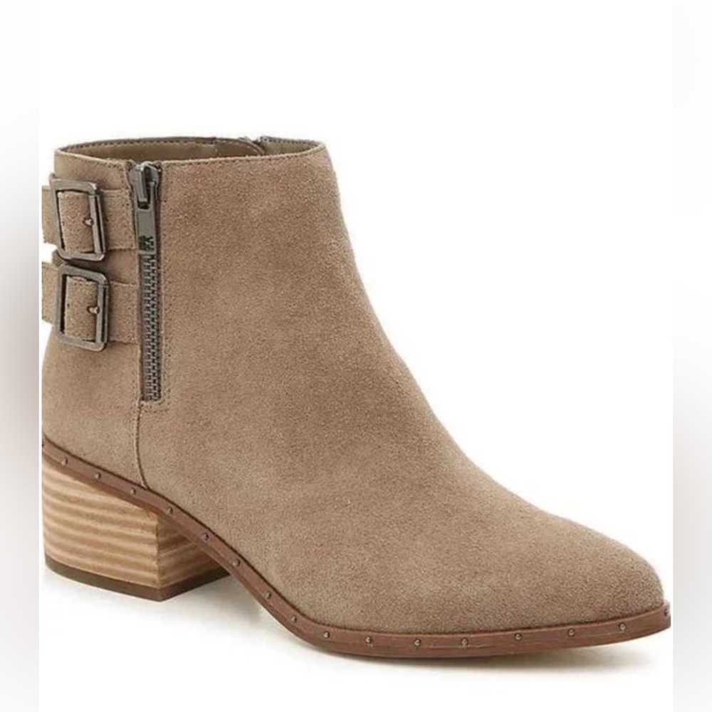 Bleecker & Bond Georgia Bootie Taupe Suede Buckle Detail Side Zip Boots Size 10M